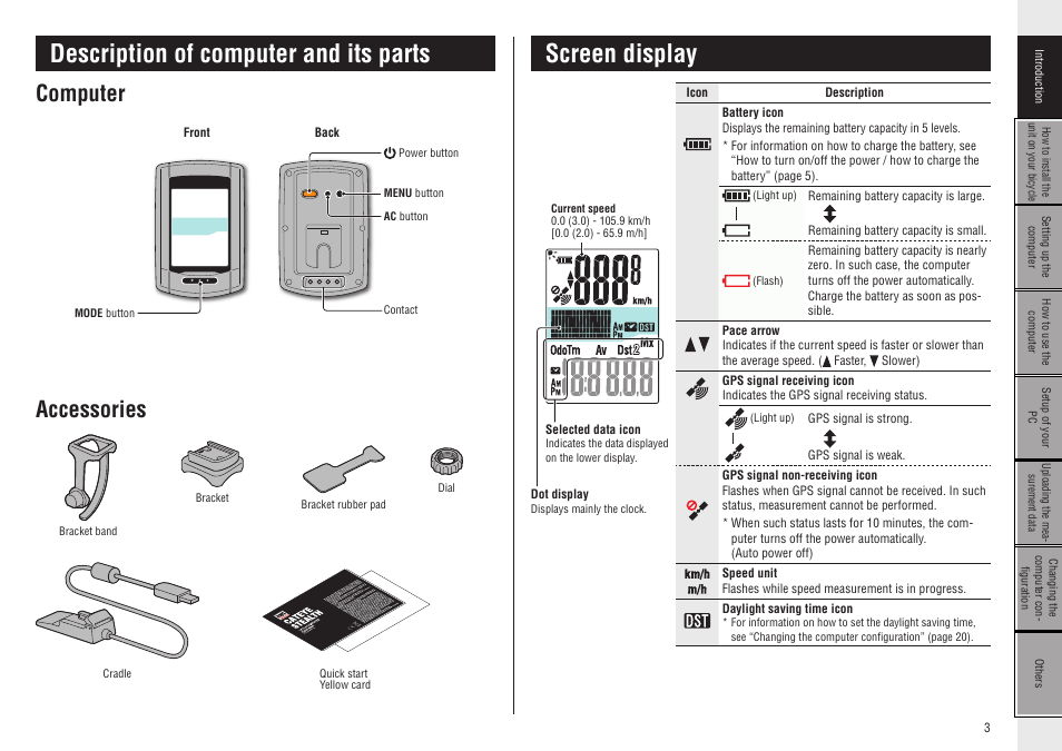 Description of computer and its parts, Computer, Accessories | Screen display | CatEye CC-GL10 [Stealth 10] User Manual | Page 3 / 28