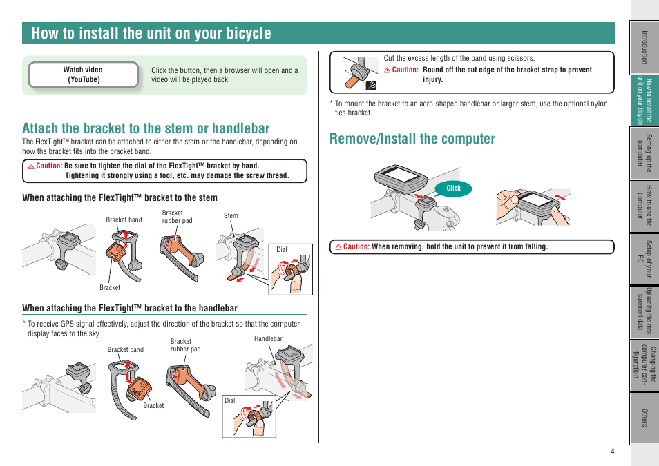 How to install the unit on your bicycle, Attach the bracket to the stem or handlebar, When attaching the flextight™ bracket to the stem | Remove/install the computer, How to install the, Unit on your bicycle | CatEye CC-GL10 [Stealth 10] User Manual | Page 4 / 28