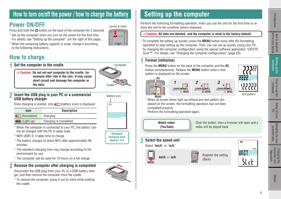 Power on/off, How to charge, Setting up the computer | Setting up the, Computer, How to charge 1 | CatEye CC-GL10 [Stealth 10] User Manual | Page 5 / 28