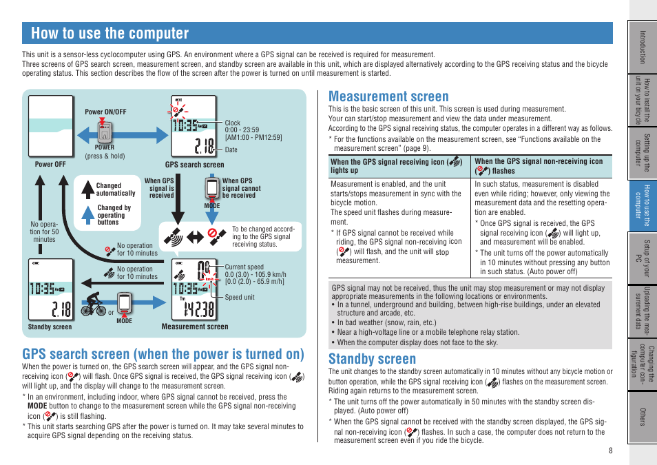 How to use the computer, Gps search screen (when the power is turned on), Measurement screen | Standby screen, How to use the, Computer | CatEye CC-GL10 [Stealth 10] User Manual | Page 8 / 28