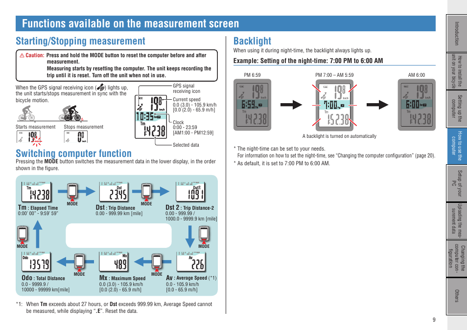 Functions available on the measurement screen, Starting/stopping measurement, Switching computer function | Backlight | CatEye CC-GL10 [Stealth 10] User Manual | Page 9 / 28