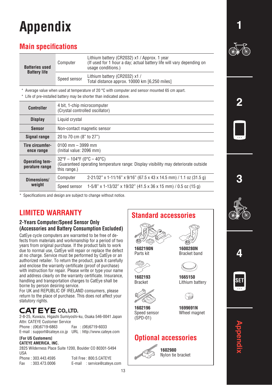 Appendix, Main specifications, Standard accessories optional accessories | Limited warranty | CatEye CC-PA100W [Padrone] User Manual | Page 13 / 13