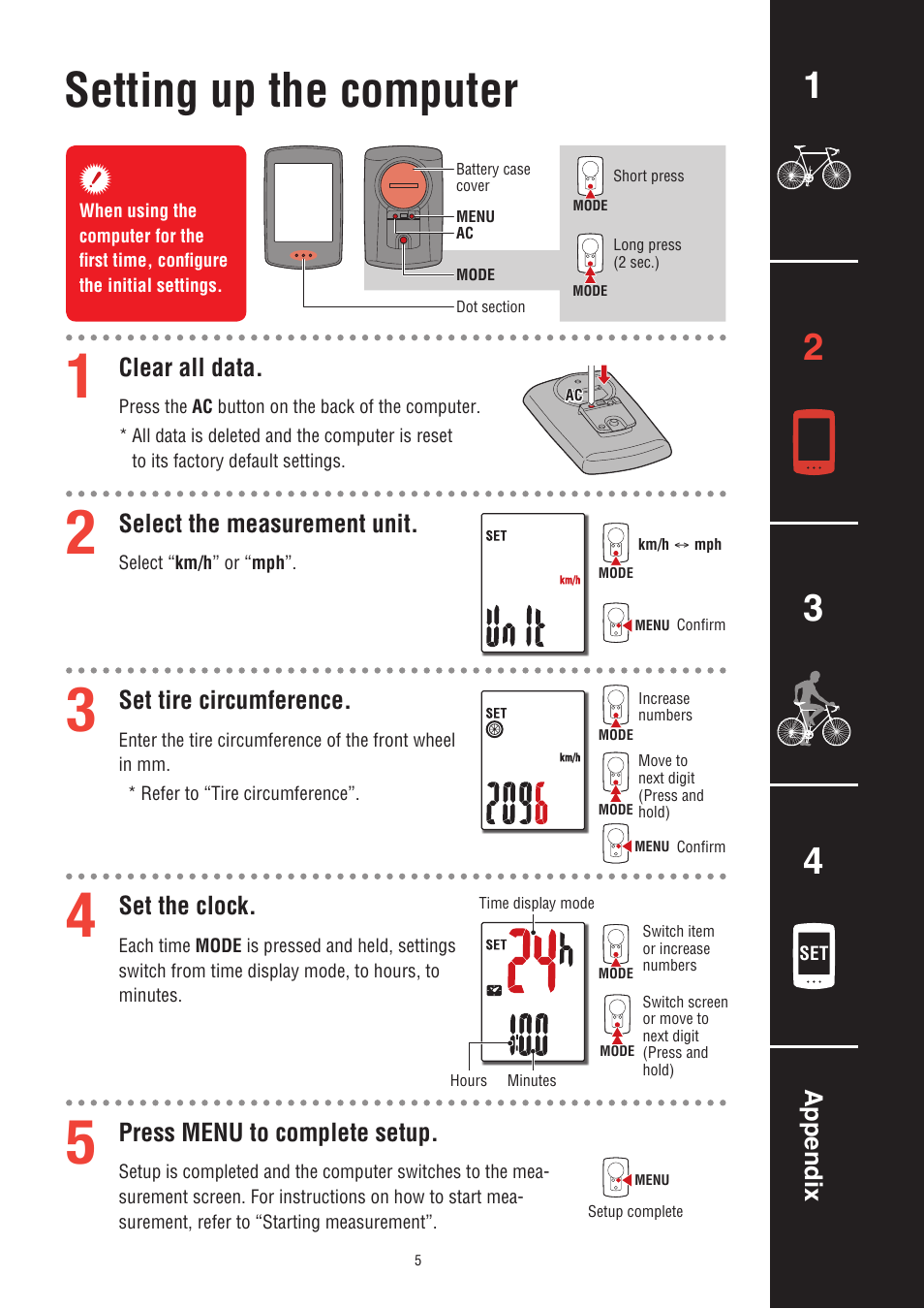 Setting up the computer | CatEye CC-PA100W [Padrone] User Manual | Page 5 / 13