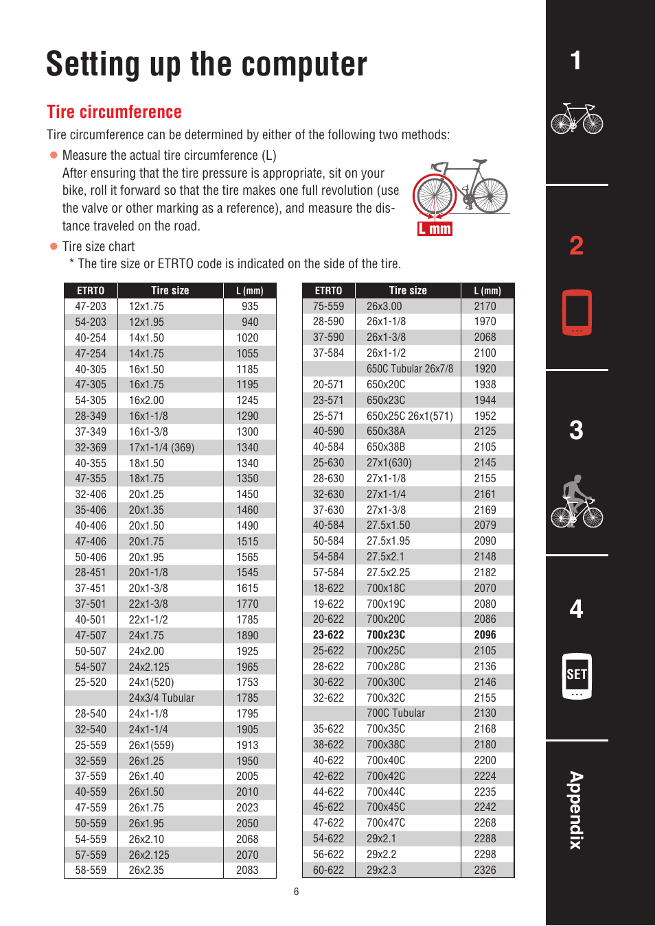 Setting up the computer, Appendix, Tire circumference | L mm | CatEye CC-PA100W [Padrone] User Manual | Page 6 / 13