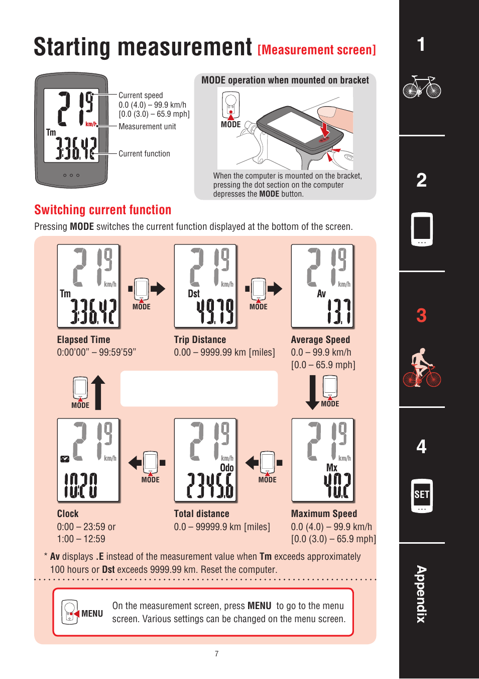 Starting measurement, Appendix, Switching current function | Measurement screen | CatEye CC-PA100W [Padrone] User Manual | Page 7 / 13