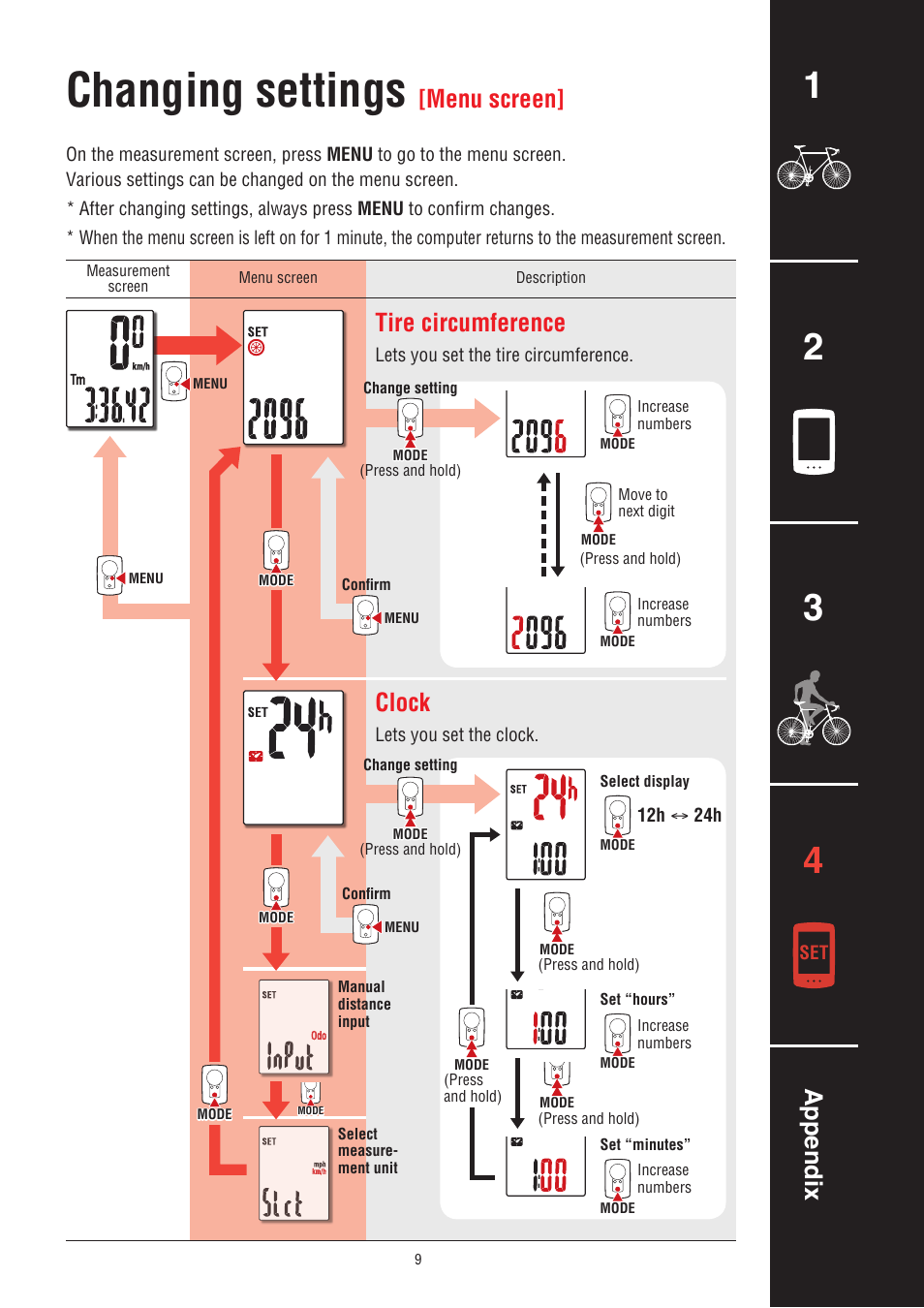 Changing settings, Appendix, Tire circumference | Clock, Menu screen | CatEye CC-PA100W [Padrone] User Manual | Page 9 / 13