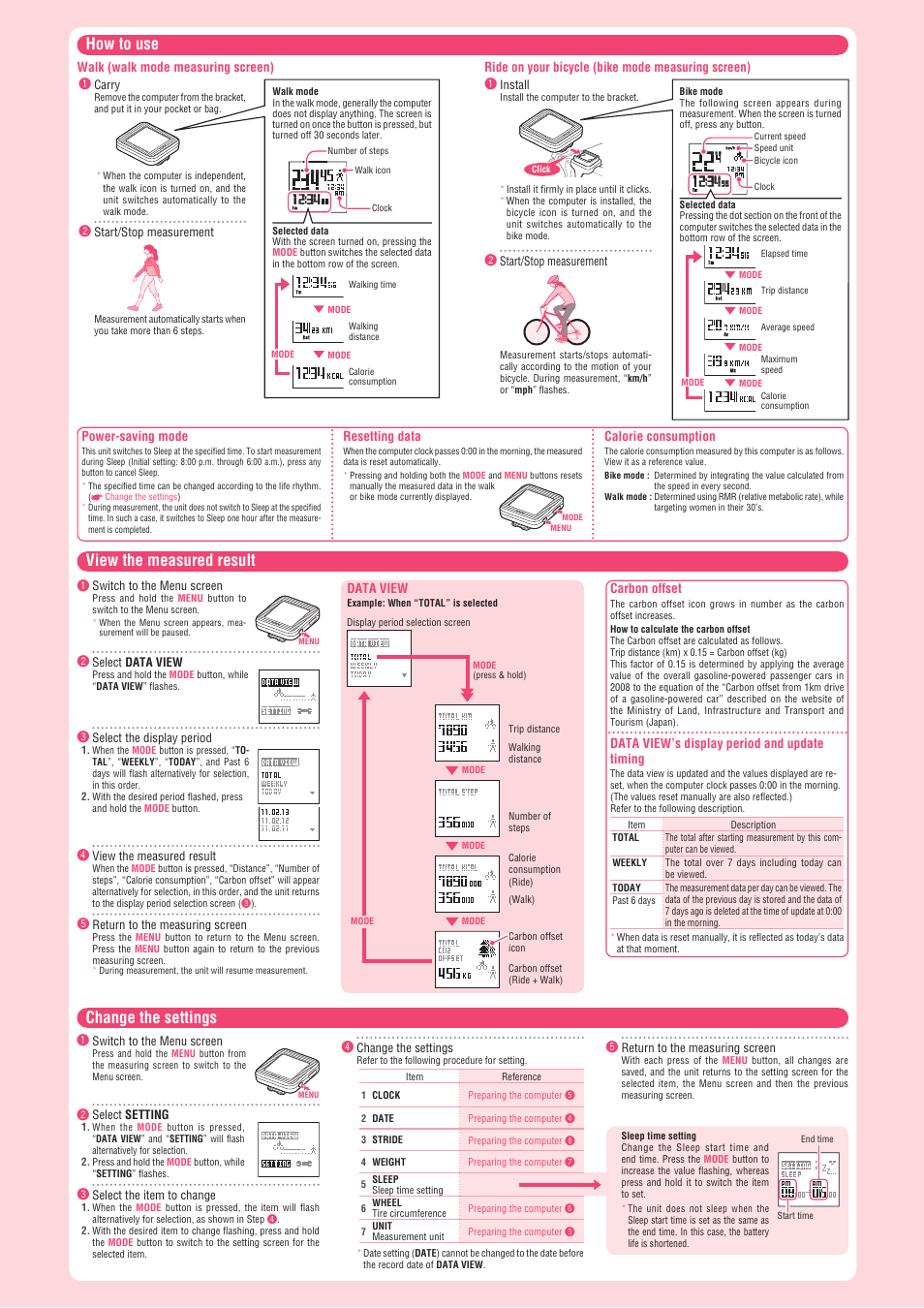 View the measured result, Change the settings how to use | CatEye CC-PD100W [Cateye Fit] User Manual | Page 2 / 3