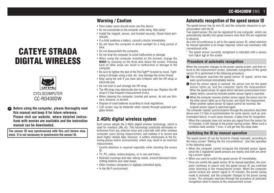 CatEye CC-RD430DW [Strada Digital Wireless] User Manual | 10 pages