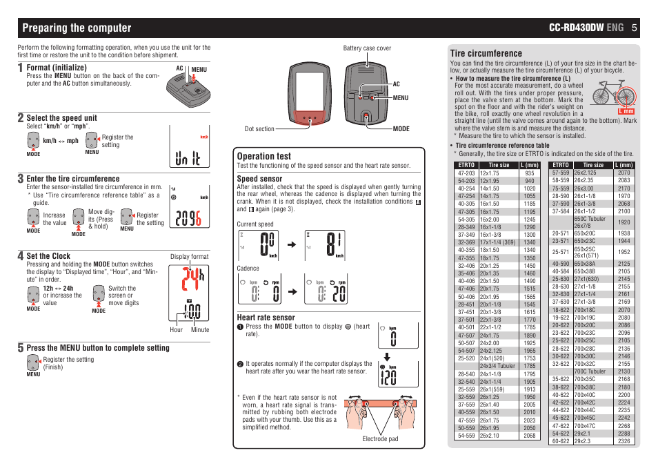 Preparing the computer, Cc-rd430dw eng 5, Operation test | Tire circumference | CatEye CC-RD430DW [Strada Digital Wireless] User Manual | Page 5 / 10