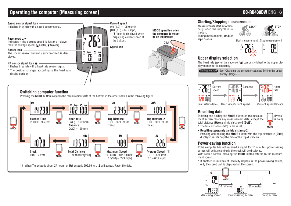 Operating the computer [measuring screen, Cc-rd430dw eng 6, Starting/stopping measurement | Upper display selection, Resetting data, Power-saving function, Switching computer function | CatEye CC-RD430DW [Strada Digital Wireless] User Manual | Page 6 / 10