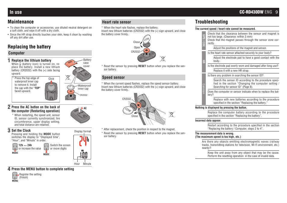 Replacing the battery, Troubleshooting, Cc-rd430dw eng 9 | CatEye CC-RD430DW [Strada Digital Wireless] User Manual | Page 9 / 10