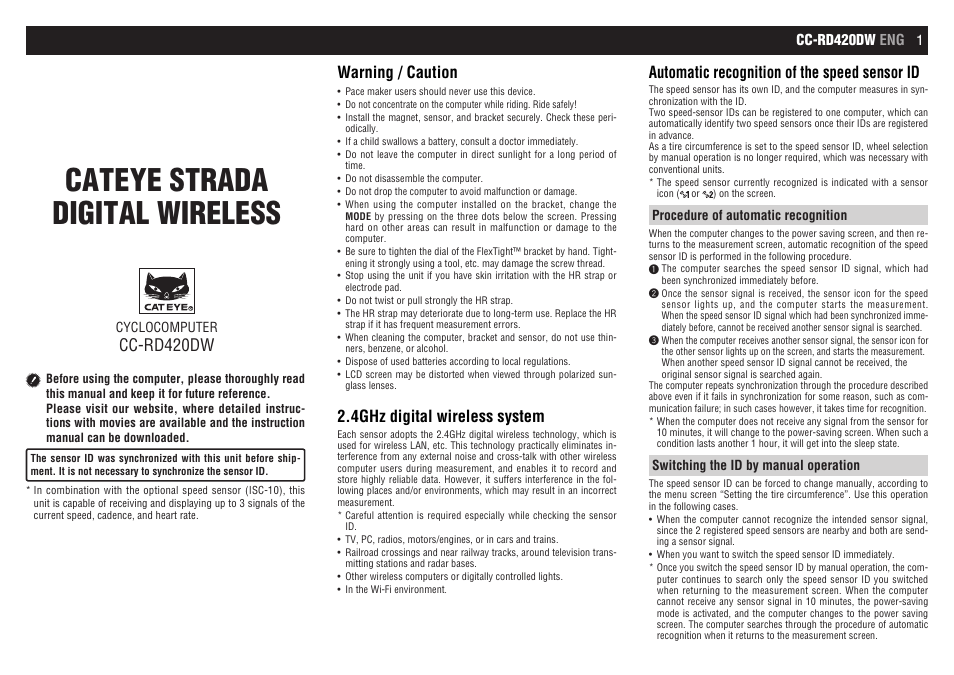 CatEye CC-RD420DW [Strada Digital Wireless] User Manual | 9 pages