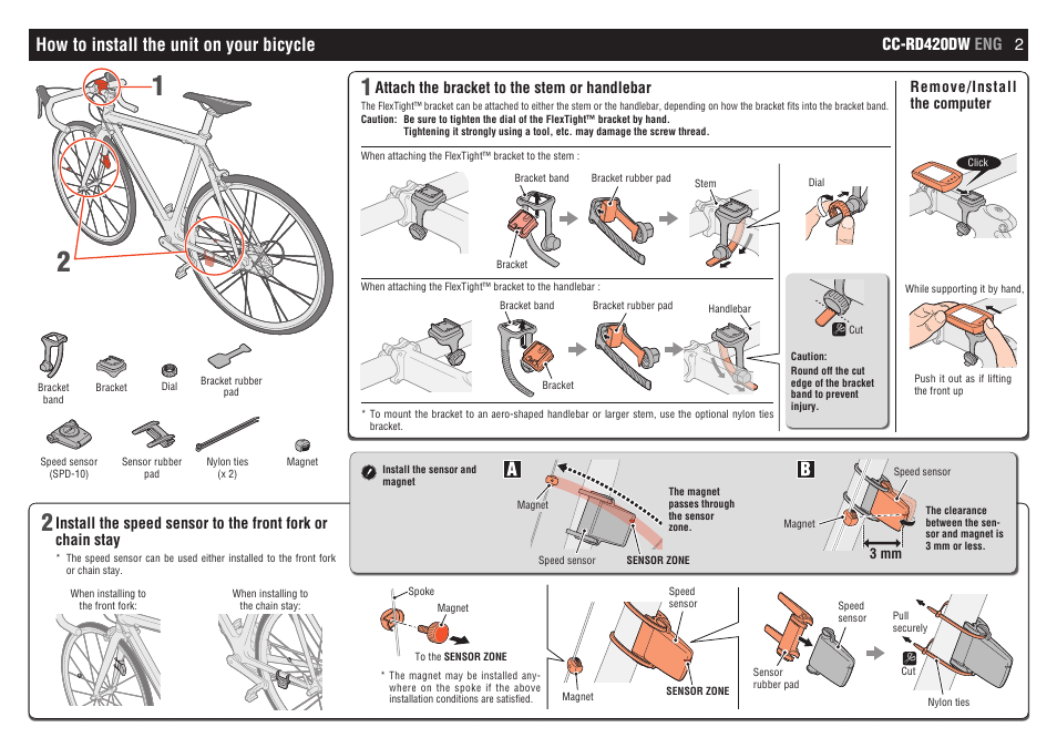 How to install the unit on your bicycle, Cc-rd420dw eng 2, Attach the bracket to the stem or handlebar | CatEye CC-RD420DW [Strada Digital Wireless] User Manual | Page 2 / 9