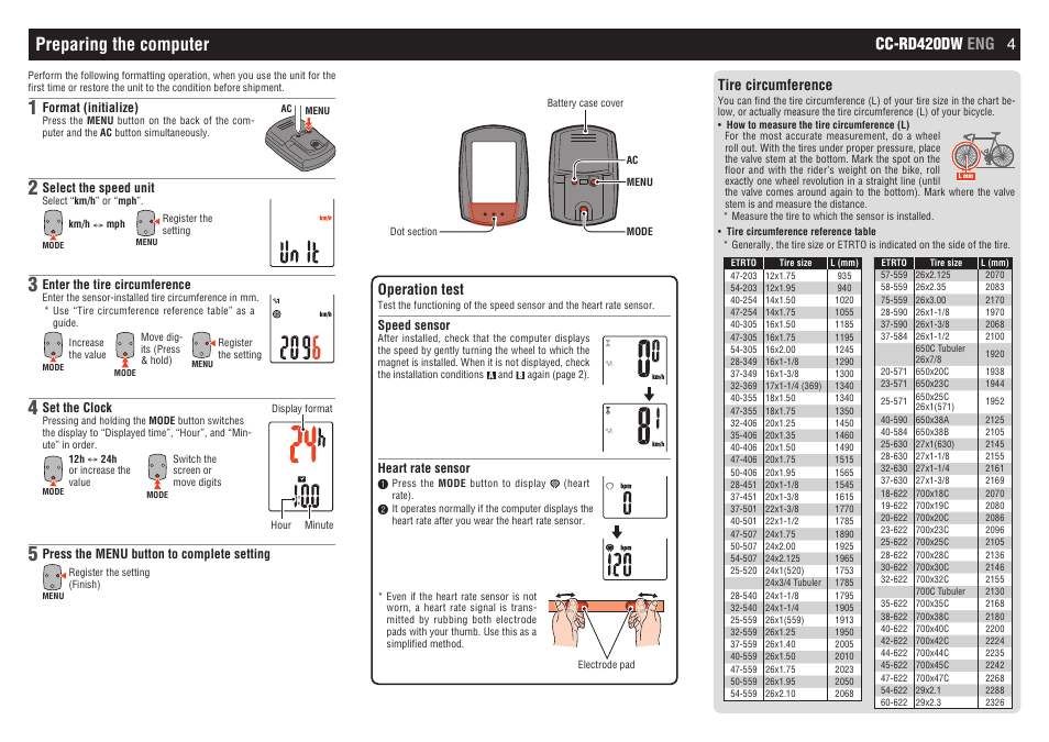 Preparing the computer, Cc-rd420dw eng 4, Operation test | Tire circumference | CatEye CC-RD420DW [Strada Digital Wireless] User Manual | Page 4 / 9