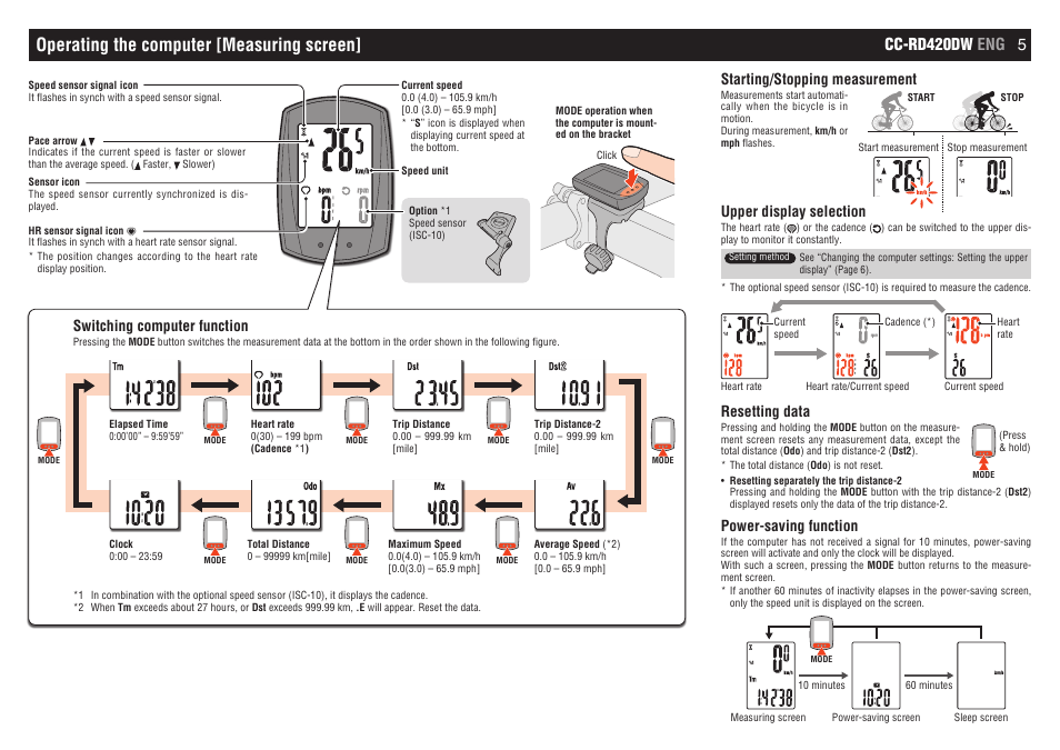 Operating the computer [measuring screen, Cc-rd420dw eng 5, Starting/stopping measurement | Upper display selection, Resetting data, Power-saving function, Switching computer function | CatEye CC-RD420DW [Strada Digital Wireless] User Manual | Page 5 / 9