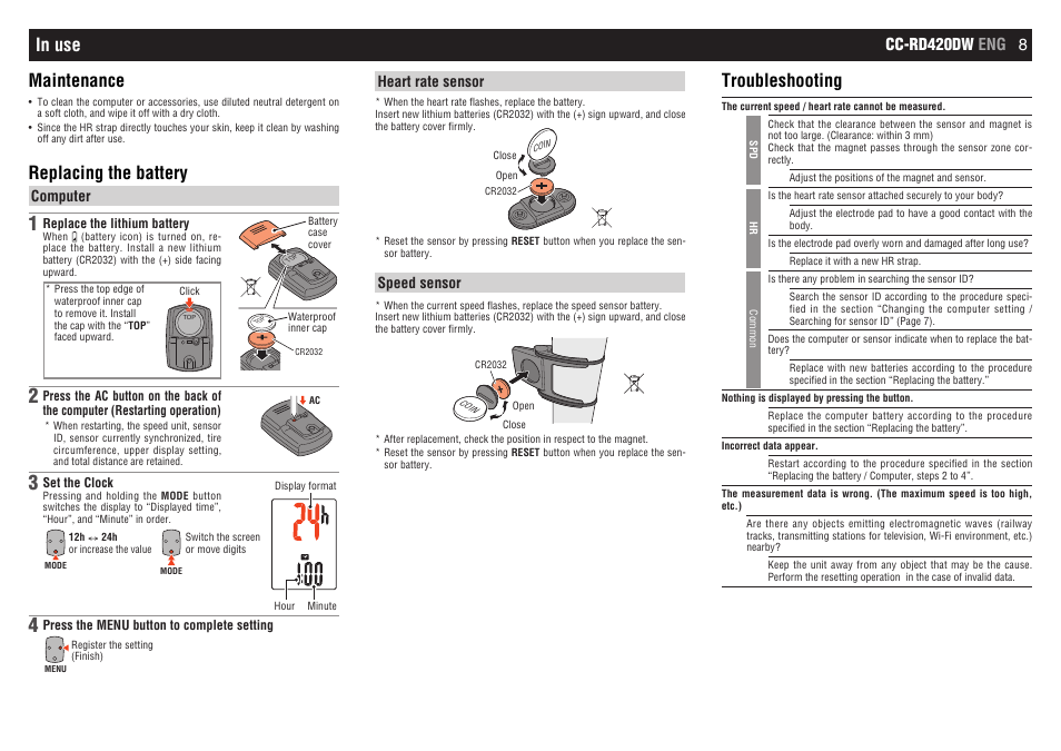 Replacing the battery, Troubleshooting, Cc-rd420dw eng 8 | CatEye CC-RD420DW [Strada Digital Wireless] User Manual | Page 8 / 9