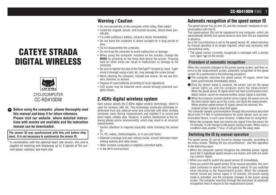 CatEye CC-RD410DW [Strada Digital Wireless] User Manual | 9 pages