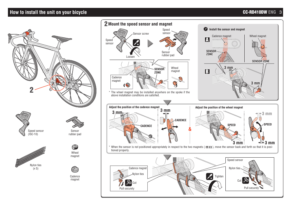 How to install the unit on your bicycle | CatEye CC-RD410DW [Strada Digital Wireless] User Manual | Page 3 / 9