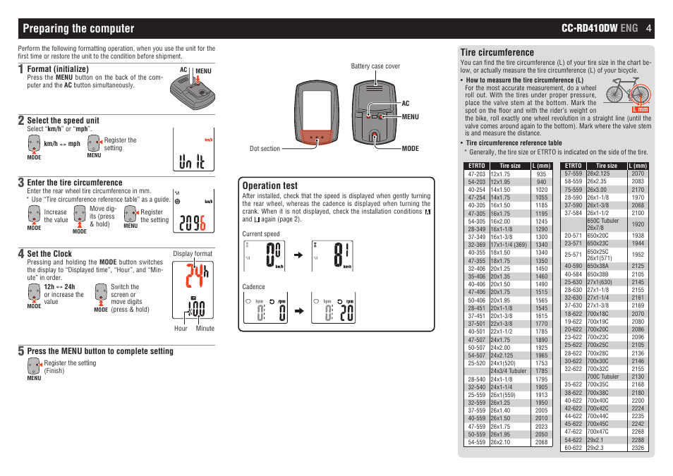 Preparing the computer, Cc-rd410dw eng 4, Operation test | Tire circumference | CatEye CC-RD410DW [Strada Digital Wireless] User Manual | Page 4 / 9