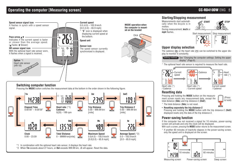 Operating the computer [measuring screen, Cc-rd410dw eng 5, Starting/stopping measurement | Upper display selection, Resetting data, Power-saving function, Switching computer function | CatEye CC-RD410DW [Strada Digital Wireless] User Manual | Page 5 / 9