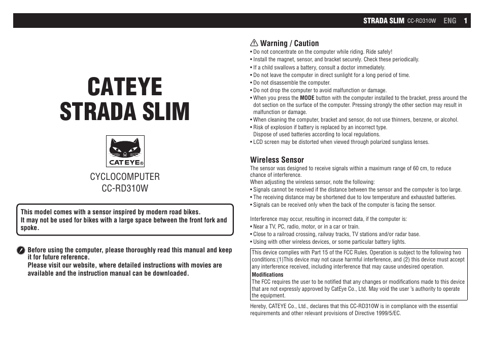 CatEye CC-RD310W [Strada Slim] User Manual | 11 pages