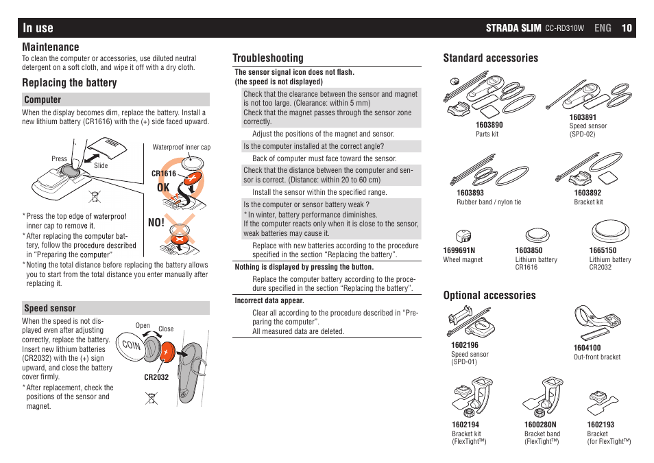 Standard accessories optional accessories, Maintenance, Replacing the battery | Troubleshooting, Ok no | CatEye CC-RD310W [Strada Slim] User Manual | Page 10 / 11