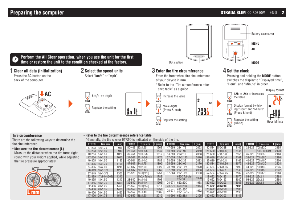 L mm, Preparing the computer, Strada slim | Eng 2 | CatEye CC-RD310W [Strada Slim] User Manual | Page 2 / 11