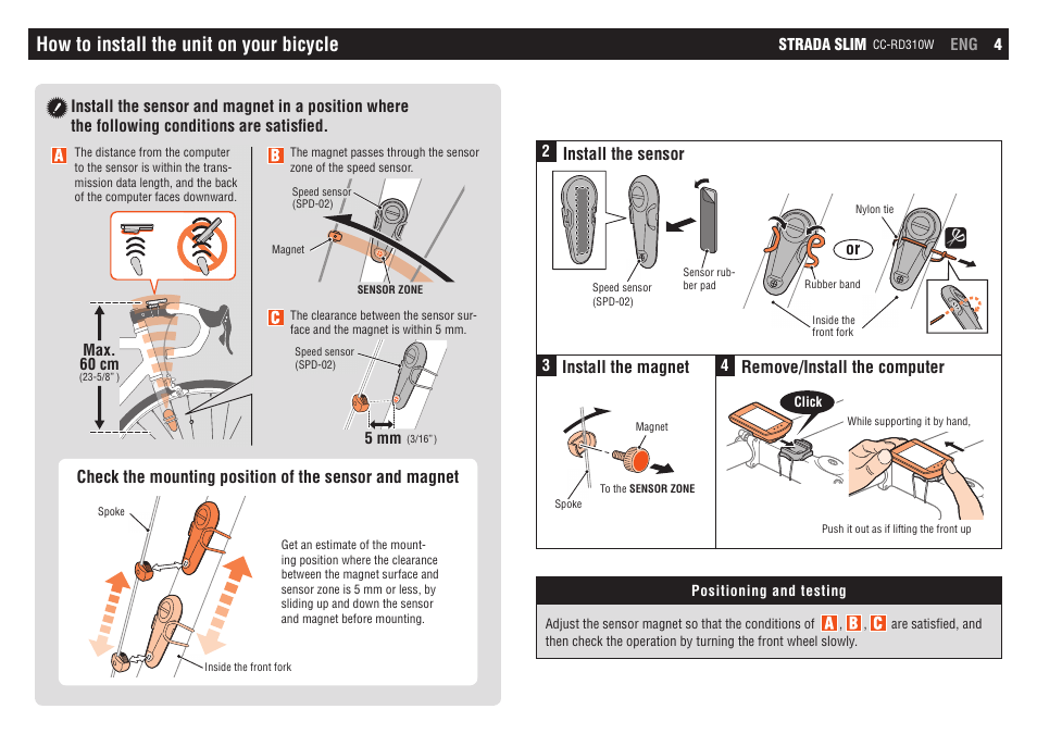 How to install the unit on your bicycle | CatEye CC-RD310W [Strada Slim] User Manual | Page 4 / 11