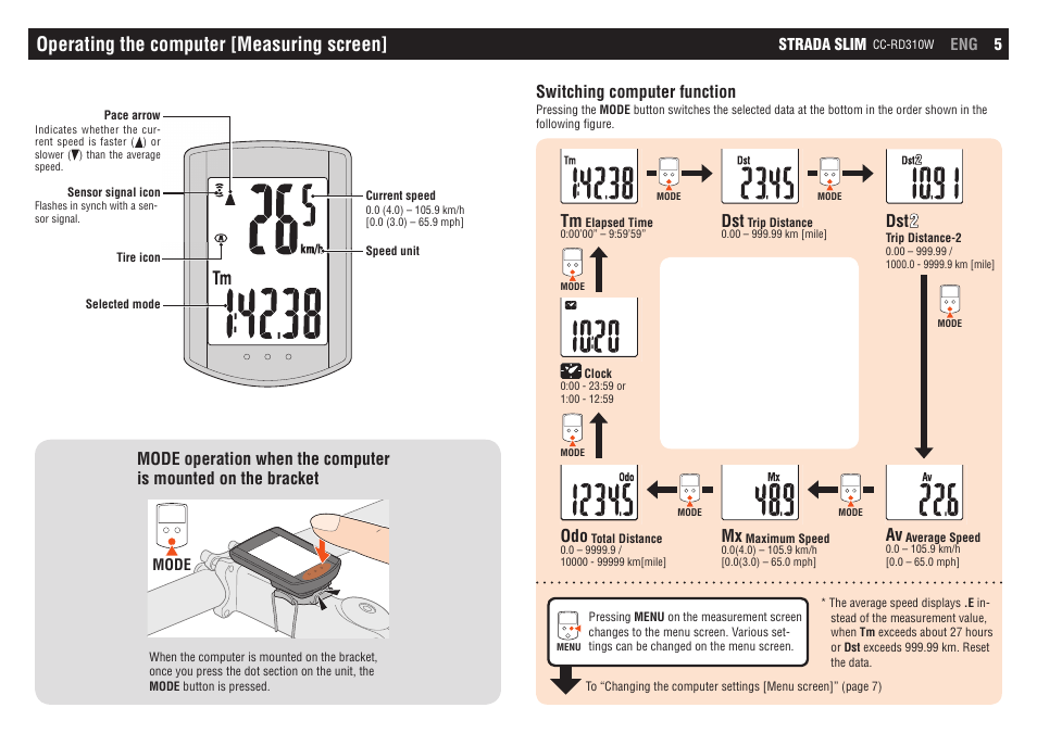 Operating the computer [measuring screen, Switching computer function, Dst 2 | CatEye CC-RD310W [Strada Slim] User Manual | Page 5 / 11