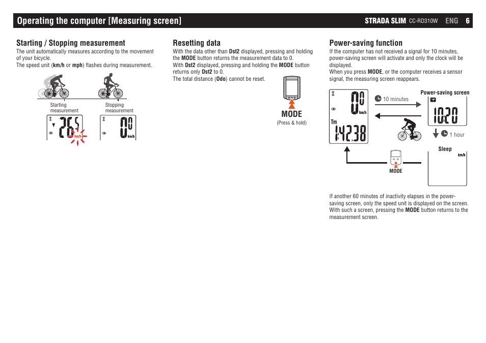 Operating the computer [measuring screen, Mode | CatEye CC-RD310W [Strada Slim] User Manual | Page 6 / 11