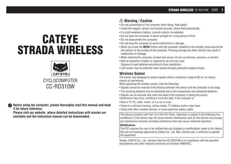 CatEye CC-RD310W [Strada Wireless] User Manual | 11 pages