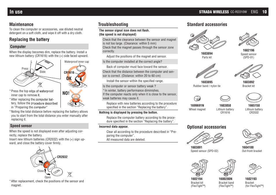 Standard accessories optional accessories, Troubleshooting, Maintenance | Replacing the battery, Ok no | CatEye CC-RD310W [Strada Wireless] User Manual | Page 10 / 11