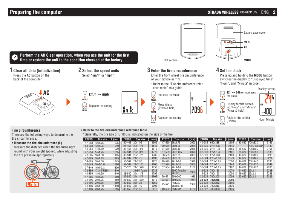 L mm, Preparing the computer, Eng 2 | CatEye CC-RD310W [Strada Wireless] User Manual | Page 2 / 11