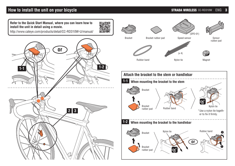 How to install the unit on your bicycle | CatEye CC-RD310W [Strada Wireless] User Manual | Page 3 / 11
