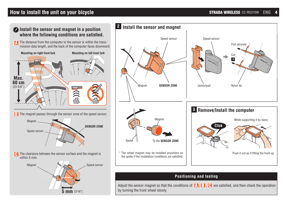 How to install the unit on your bicycle, Max. 60 cm, 5 mm | Eng 4 | CatEye CC-RD310W [Strada Wireless] User Manual | Page 4 / 11