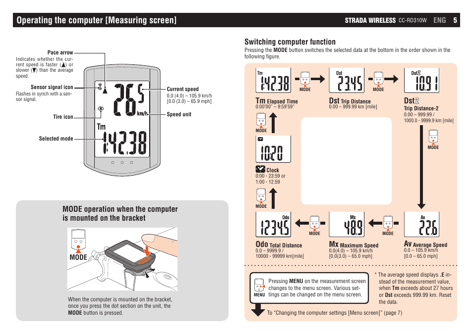 Operating the computer [measuring screen, Switching computer function, Dst 2 | CatEye CC-RD310W [Strada Wireless] User Manual | Page 5 / 11