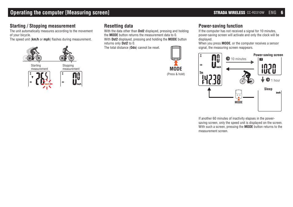 Operating the computer [measuring screen, Mode | CatEye CC-RD310W [Strada Wireless] User Manual | Page 6 / 11
