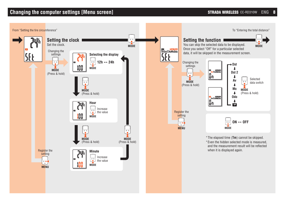 Changing the computer settings [menu screen, Setting the clock, Setting the function | CatEye CC-RD310W [Strada Wireless] User Manual | Page 8 / 11