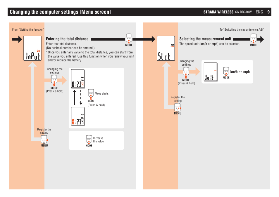 Changing the computer settings [menu screen | CatEye CC-RD310W [Strada Wireless] User Manual | Page 9 / 11