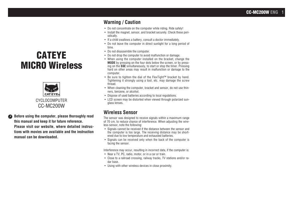 CatEye CC-MC200W [Micro Wireless] User Manual | 9 pages
