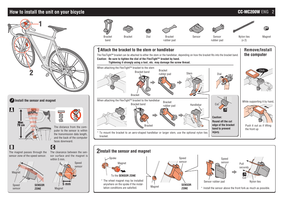 How to install the unit on your bicycle, Cc-mc200w eng 2, Attach the bracket to the stem or handlebar | Install the sensor and magnet, Remove/install the computer | CatEye CC-MC200W [Micro Wireless] User Manual | Page 2 / 9