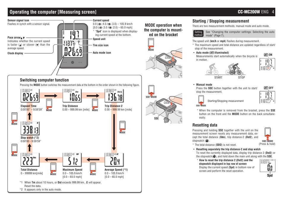 Operating the computer [measuring screen, Cc-mc200w eng 4, Starting / stopping measurement | Resetting data, Switching computer function | CatEye CC-MC200W [Micro Wireless] User Manual | Page 4 / 9