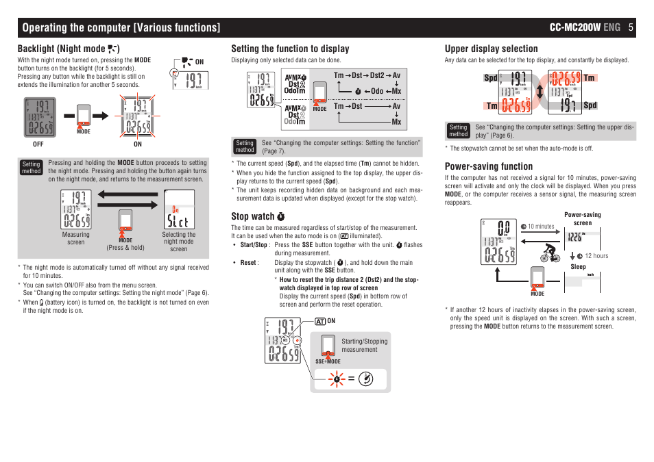 Operating the computer [various functions, Cc-mc200w eng 5, Setting the function to display | Stop watch, Upper display selection, Power-saving function, Backlight (night mode ) | CatEye CC-MC200W [Micro Wireless] User Manual | Page 5 / 9