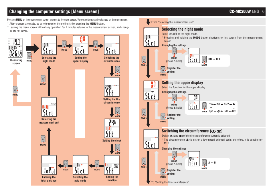 Changing the computer settings [menu screen, Selecting the night mode, Switching the circumference ( ) | Cc-mc200w eng 6, Setting the upper display | CatEye CC-MC200W [Micro Wireless] User Manual | Page 6 / 9