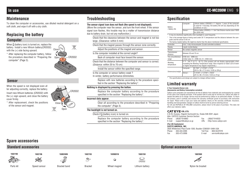 Replacing the battery, Troubleshooting, Specification | Limited warranty, Spare accessories, Cc-mc200w eng 9, Computer, Sensor, Standard accessories optional accessories | CatEye CC-MC200W [Micro Wireless] User Manual | Page 9 / 9