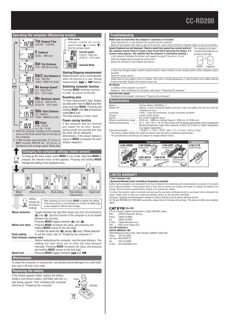 Cc-rd200, Maintenance, Replacing the battery | Troubleshooting, Specification, Operating the computer [measuring screen, Changing the computer settings [menu screen | CatEye CC-RD200 [Strada Cadence] User Manual | Page 2 / 2