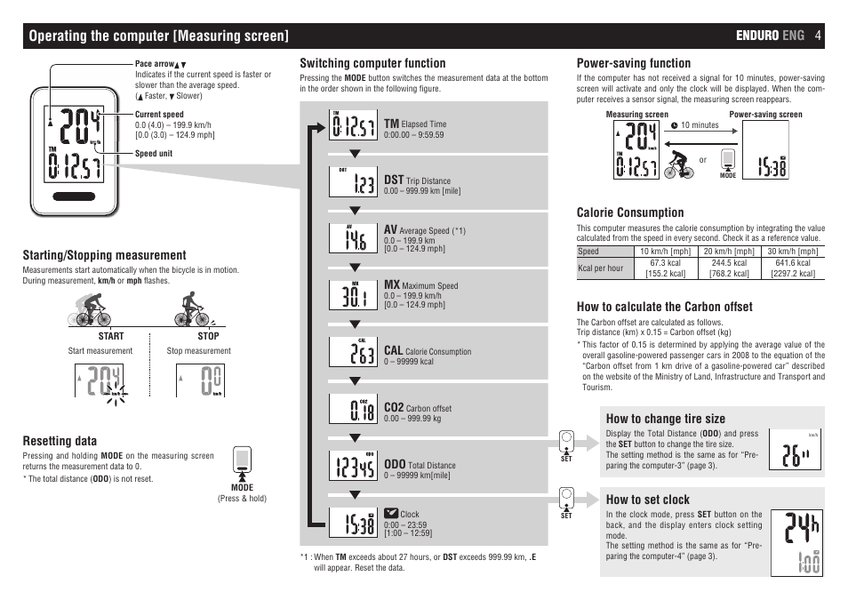 Operating the computer [measuring screen, Enduro eng 4 power-saving function, Calorie consumption | How to calculate the carbon offset, Switching computer function, How to change tire size, How to set clock, Starting/stopping measurement, Resetting data | CatEye CC-ED400 [Enduro] User Manual | Page 4 / 4