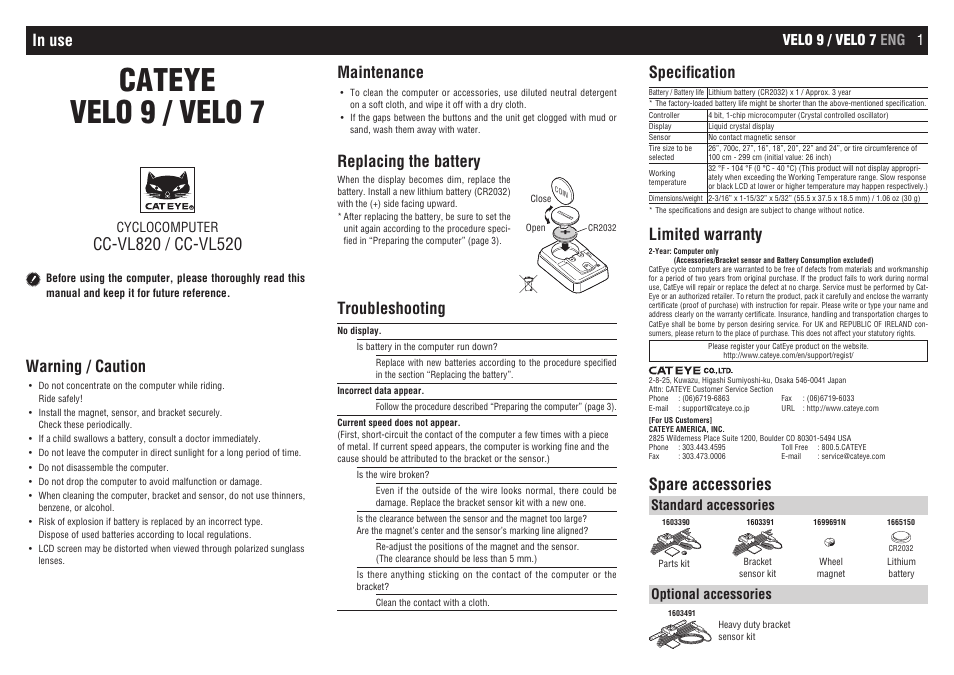 CatEye CC-VL520/CC-VL820 [Velo 7/Velo 9] User Manual | 4 pages