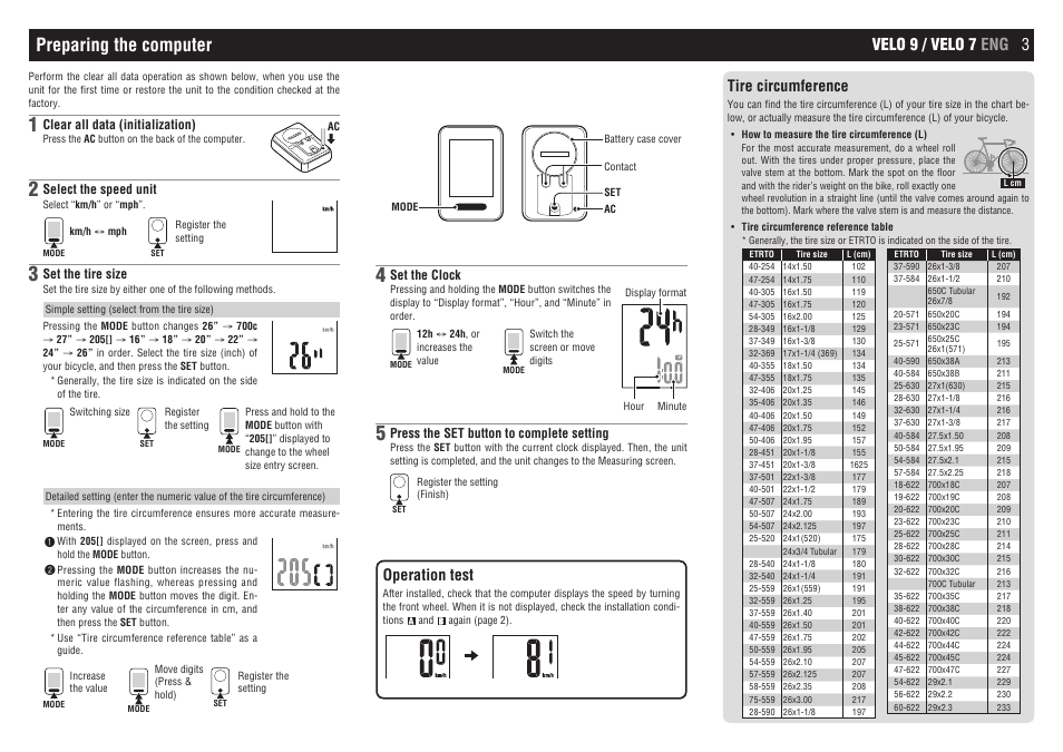 Preparing the computer, Velo 9 / velo 7 eng 3 operation test, Tire circumference | CatEye CC-VL520/CC-VL820 [Velo 7/Velo 9] User Manual | Page 3 / 4