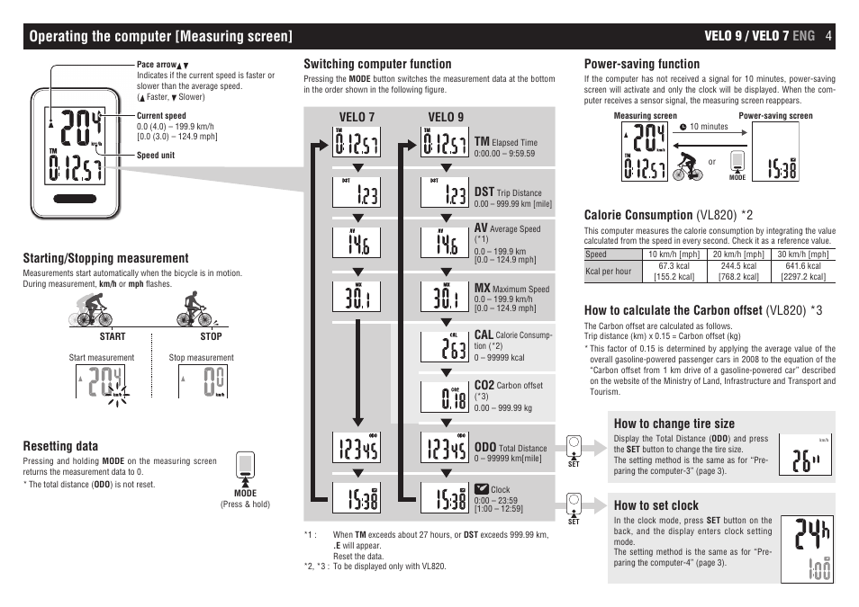 Operating the computer [measuring screen, Velo 9 / velo 7 eng 4 power-saving function, Calorie consumption (vl820) *2 | How to calculate the carbon offset (vl820) *3, Switching computer function, How to change tire size, How to set clock, Starting/stopping measurement, Resetting data | CatEye CC-VL520/CC-VL820 [Velo 7/Velo 9] User Manual | Page 4 / 4